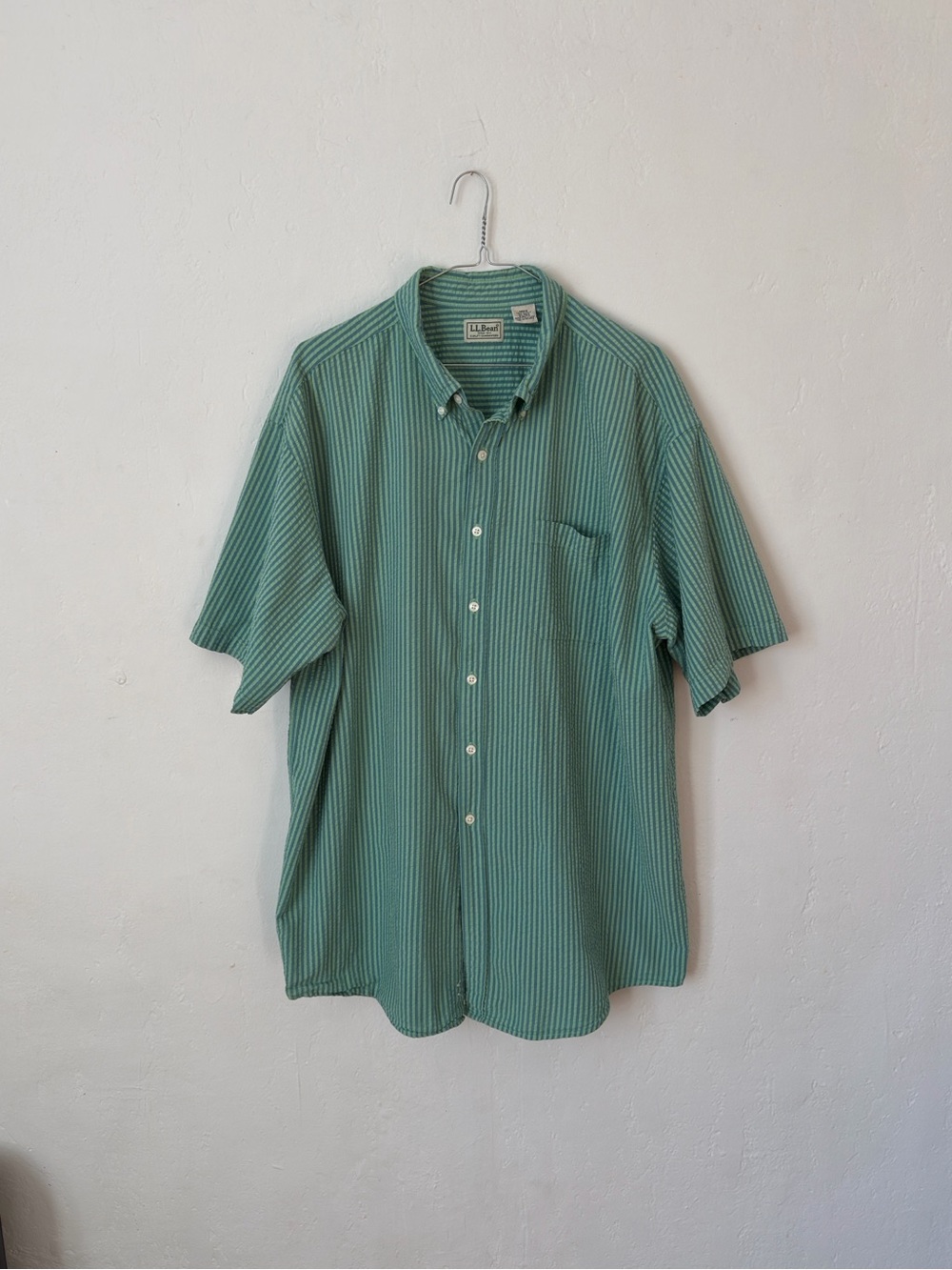 LL Bean Blue / Green Stripe Seersucker Short Sleeve Shirt Men’s Extra Large